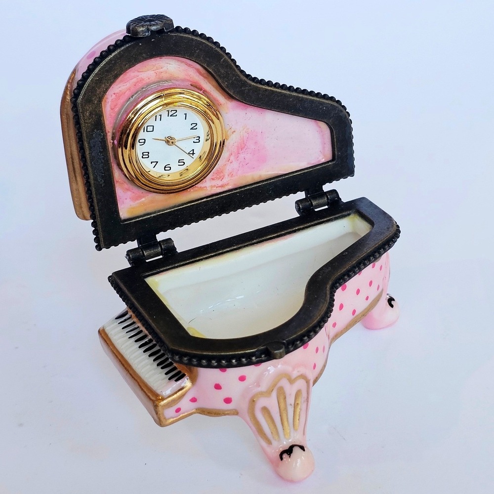 Vintage Porcelain Piano Trinket‎ Box Pink Polka Dot Floral Clock Decor Gift